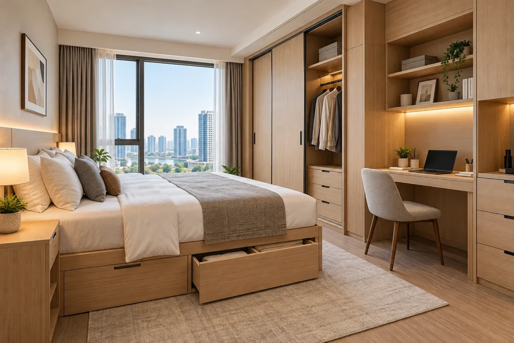 ustom apartment bedroom furniture with built-in wardrobes, storage bed and integrated writing desk