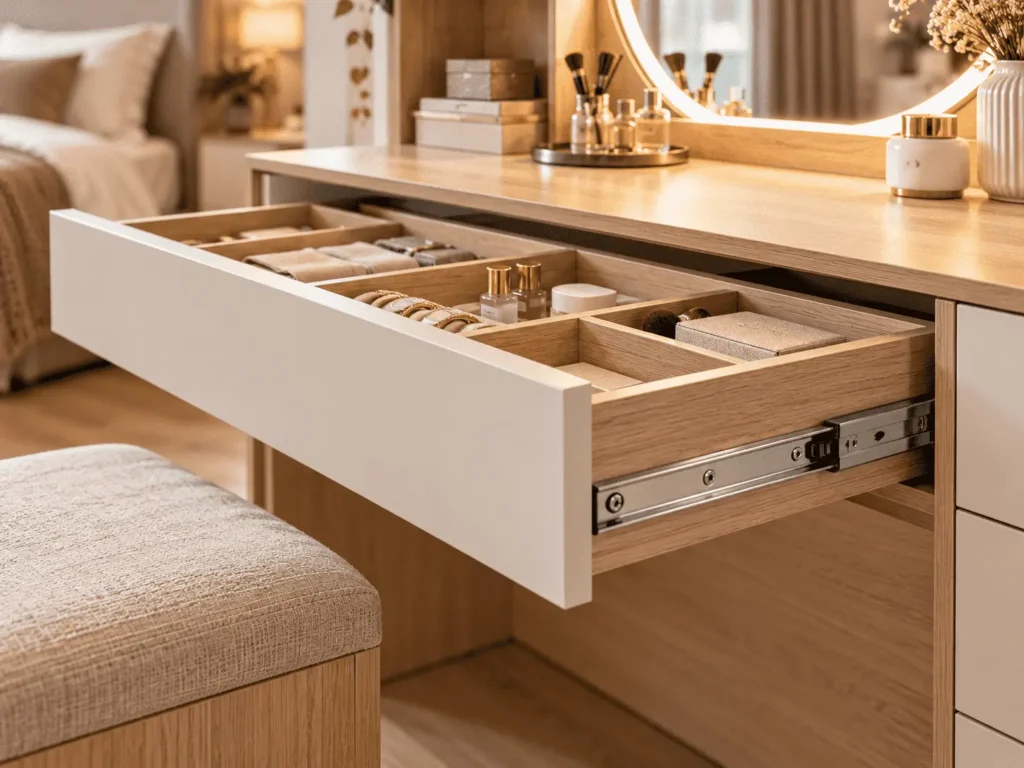 Custom dressing table drawer with storage compartments and metal drawer slides in a wood grain vanity