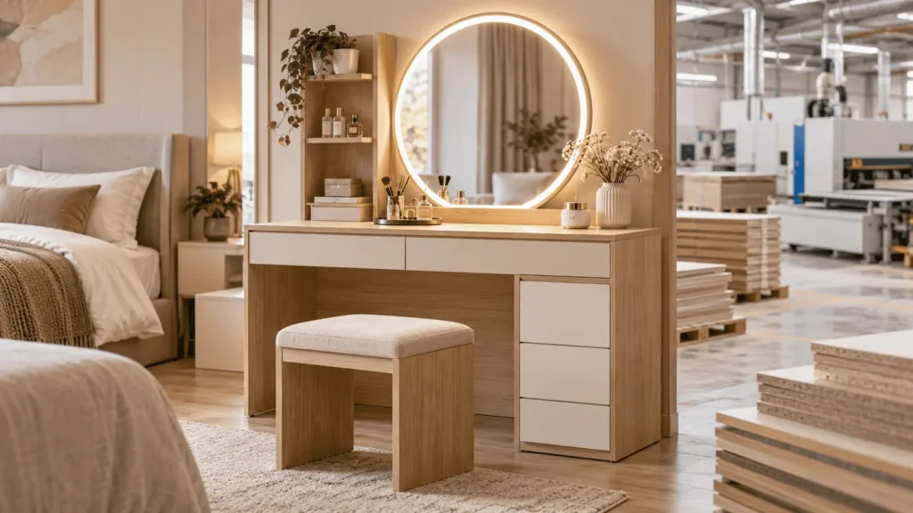 Custom dressing table with LED mirror, storage drawers and stool for OEM/ODM furniture manufacturing