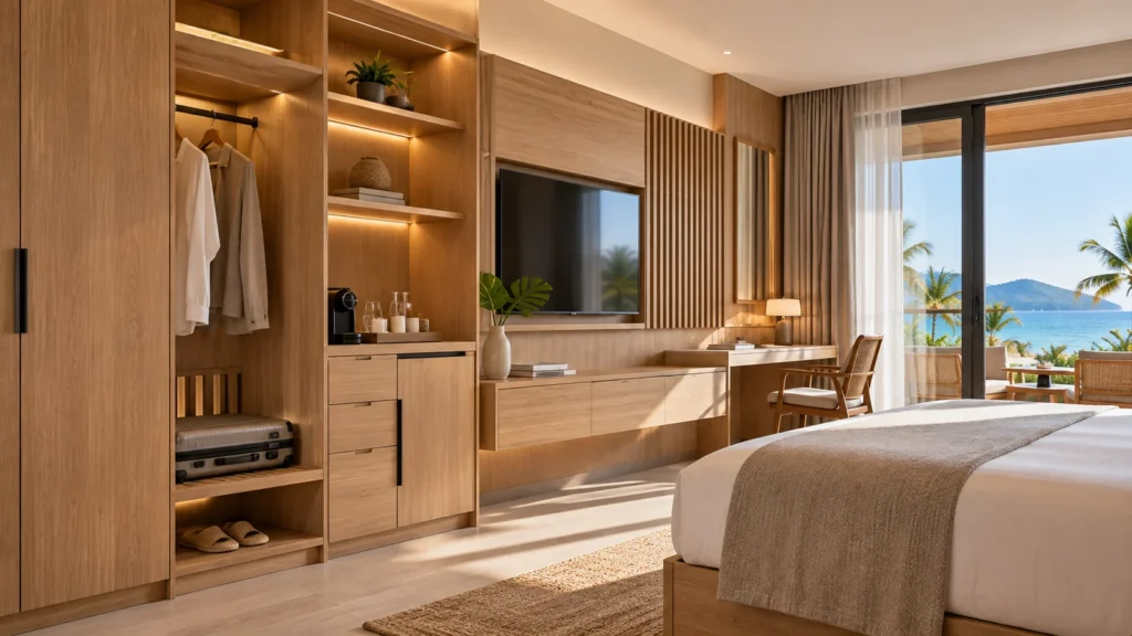 Custom resort guestroom wardrobe with minibar storage, TV cabinet and integrated wood panel furniture
