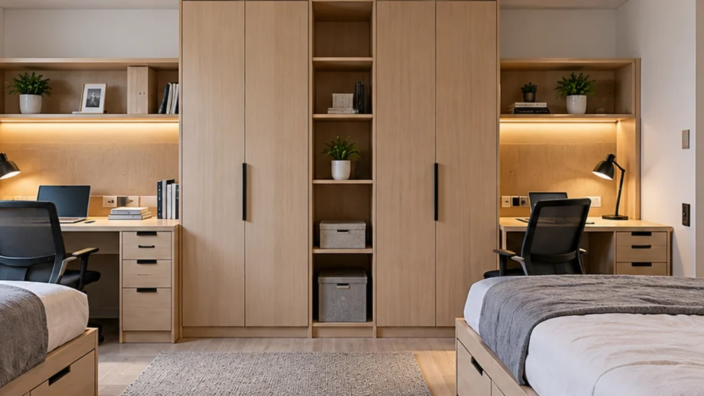 Custom student dormitory wardrobes with integrated study desks, shelving and storage cabinets