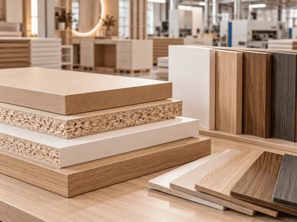 MDF, particleboard and wood grain panel finish samples for custom dressing table manufacturing
