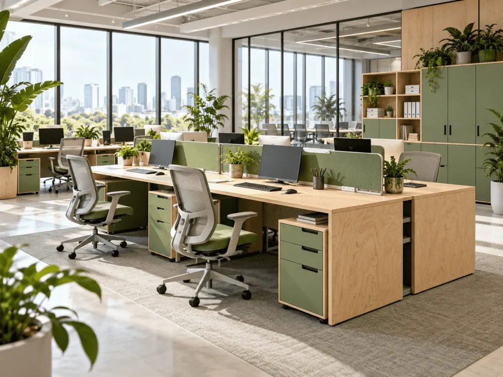 Eco-friendly plywood office furniture with shared desks and green storage in a modern corporate workspace