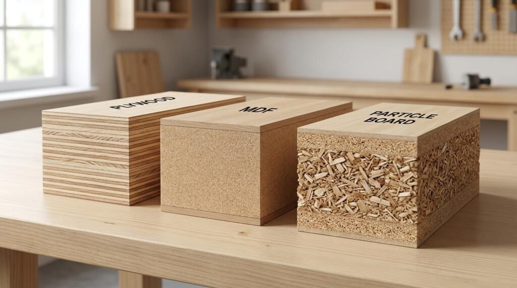 MDF particleboard and plywood samples with wood-grain finishes for sideboard manufacturing