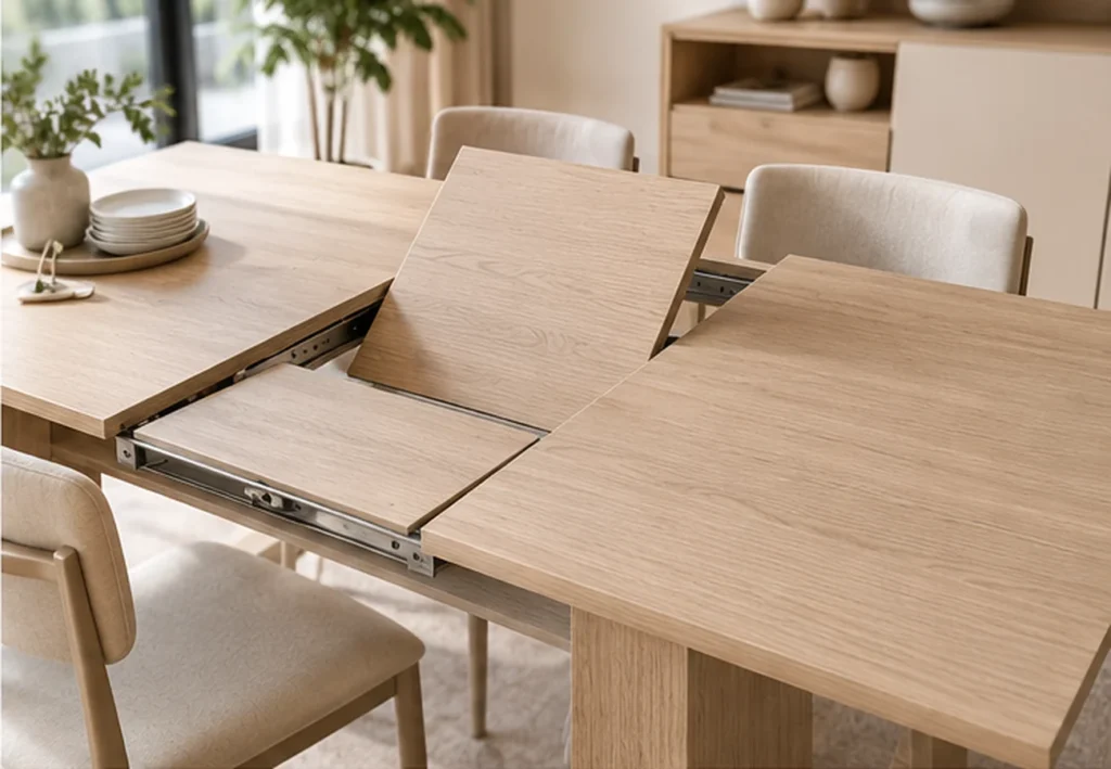 Extendable dining table mechanism showing sliding extension system for space saving furniture design