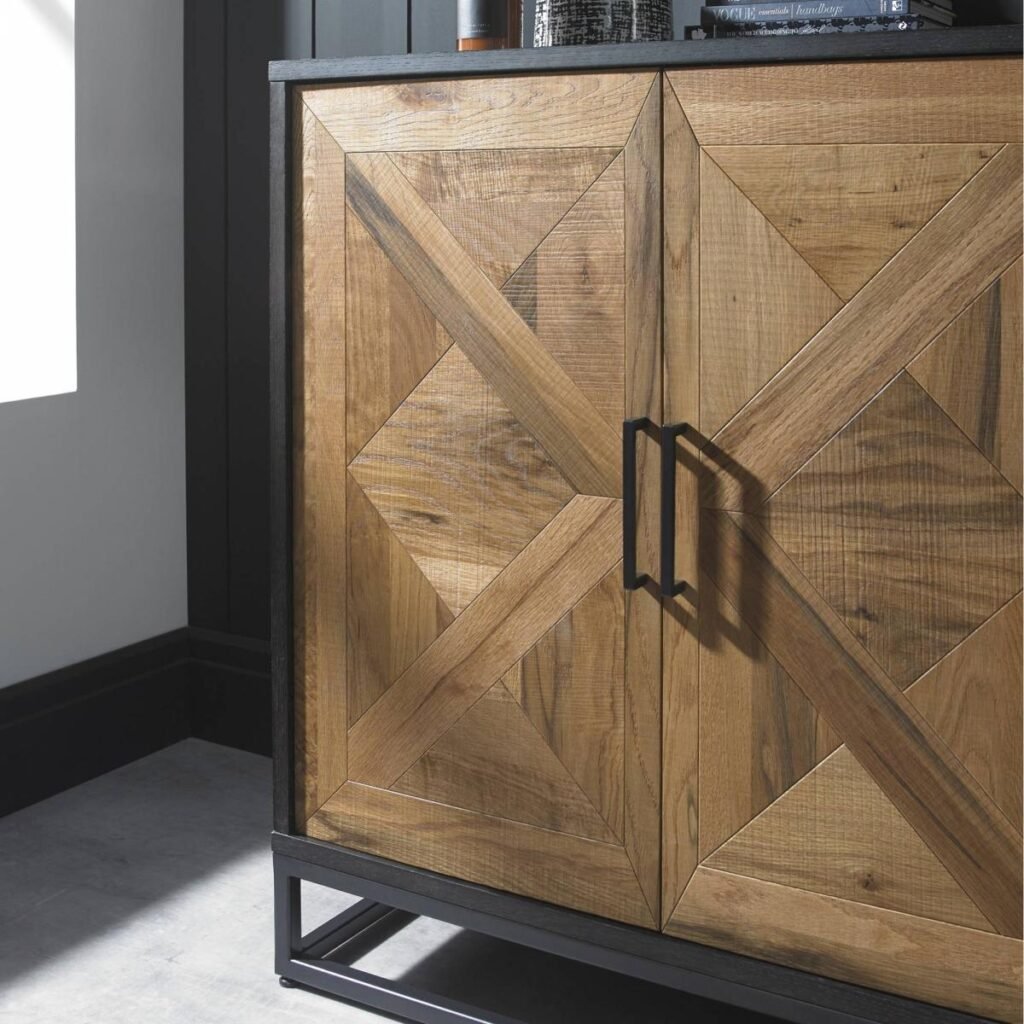 Farmhouse buffet cabinet door with rustic wood-look surface and black metal handle