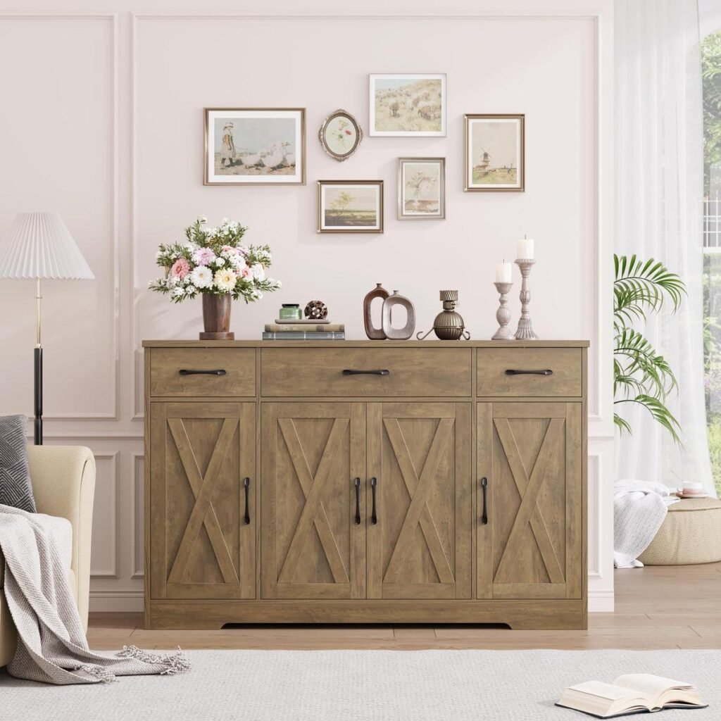 Farmhouse sideboard buffet with rustic oak-look finish and enclosed dining room storage