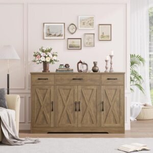 Farmhouse sideboard buffet with rustic oak-look finish and enclosed dining room storage