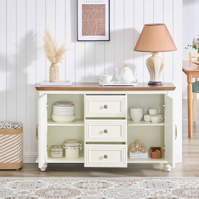 Farmhouse sideboard buffet with open storage doors, drawers and internal shelving