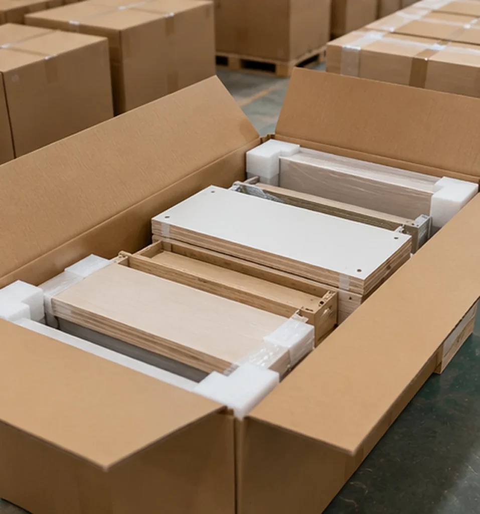 Flat pack bathroom vanity cabinets with protected plywood panels and hardware for export shipping