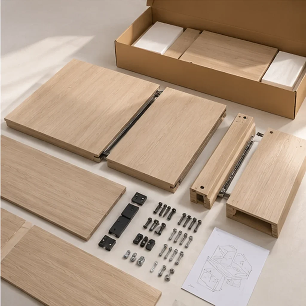 Flat pack dining furniture components with panels hardware and export packaging for OEM manufacturing