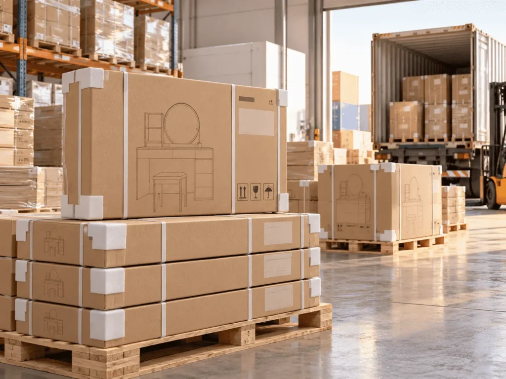 Flat pack dressing table cartons with protective corner packaging stacked on pallets for export shipping