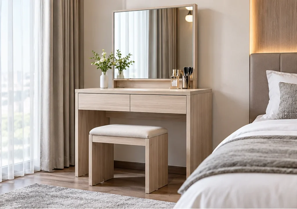 Custom hotel bedroom dressing table with mirror and wood-look laminated panel furniture finish