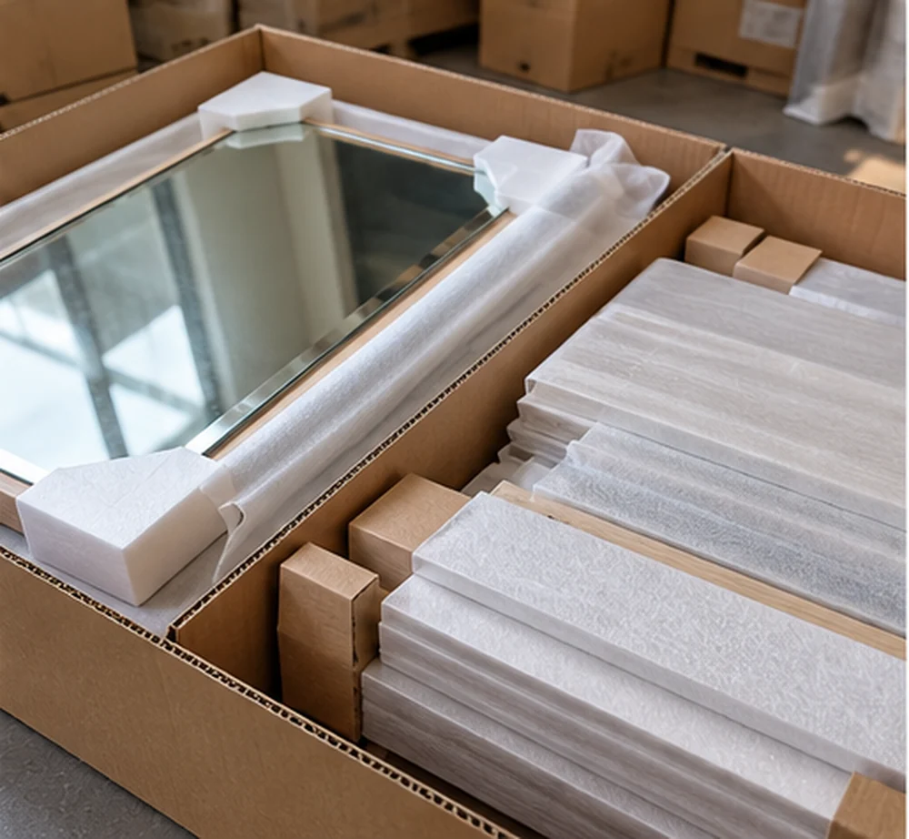 Bulk dressing table export carton with foam protected mirror separated melamine panels and KD hardware