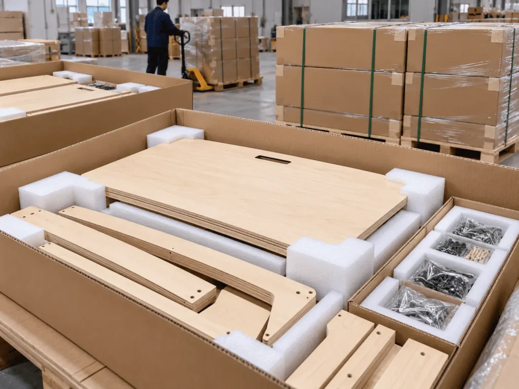 Flat-pack plywood office desk components protected in export cartons with foam corners and hardware packs