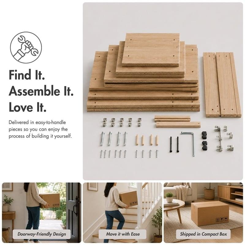 Flat-pack farmhouse sideboard cabinet panels with hardware and export carton packaging