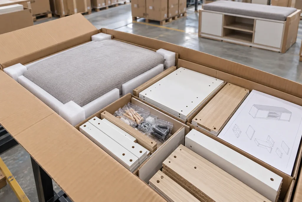 Flat pack storage bench cabinet export carton with protected seating cushion engineered panels hardware and assembly drawings