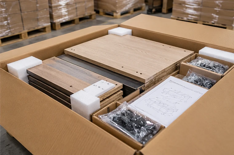 Flat pack TV stand export packaging with protective foam hardware and assembly instructions