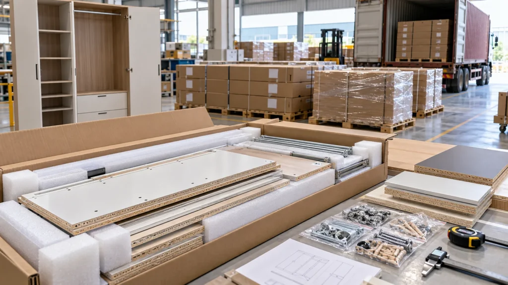 Flat pack wardrobe export packaging and quality control in China factory