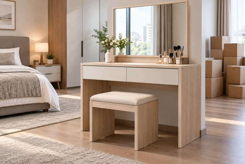 Custom hotel and apartment dressing table with mirror in decorative oak-look engineered panel finish