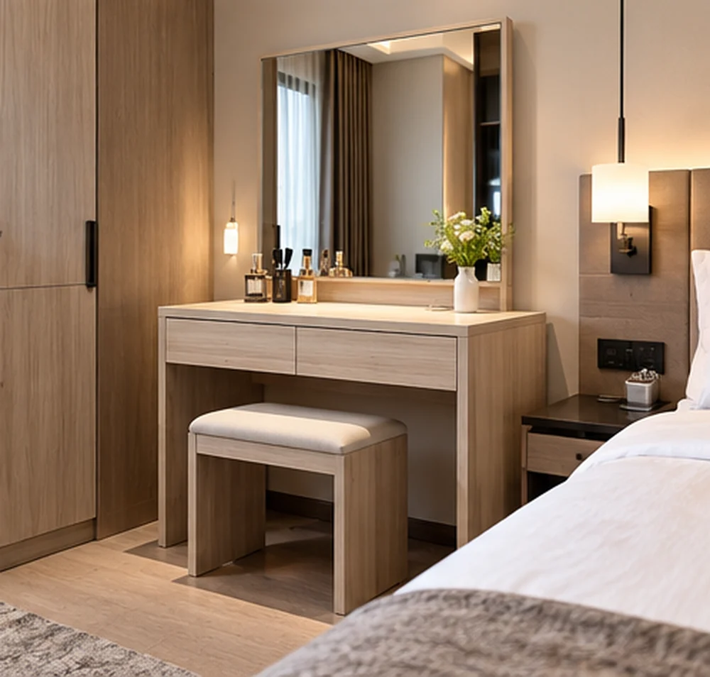 OEM flat pack dressing table with mirror in wood-look engineered panel finish for wholesale furniture buyers