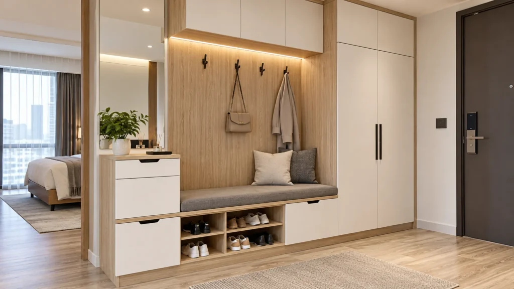 Custom apartment entryway storage cabinets with cushioned built-in seating shoe compartments and decorative engineered panels