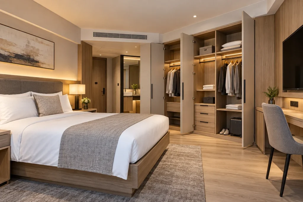 Hotel apartment wardrobe project installation from China OEM supplier