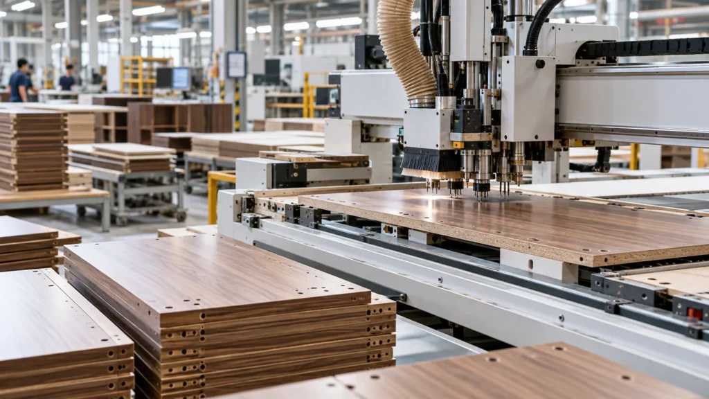 CNC drilling and machining of laminated panels for custom hotel wardrobe and cabinet production