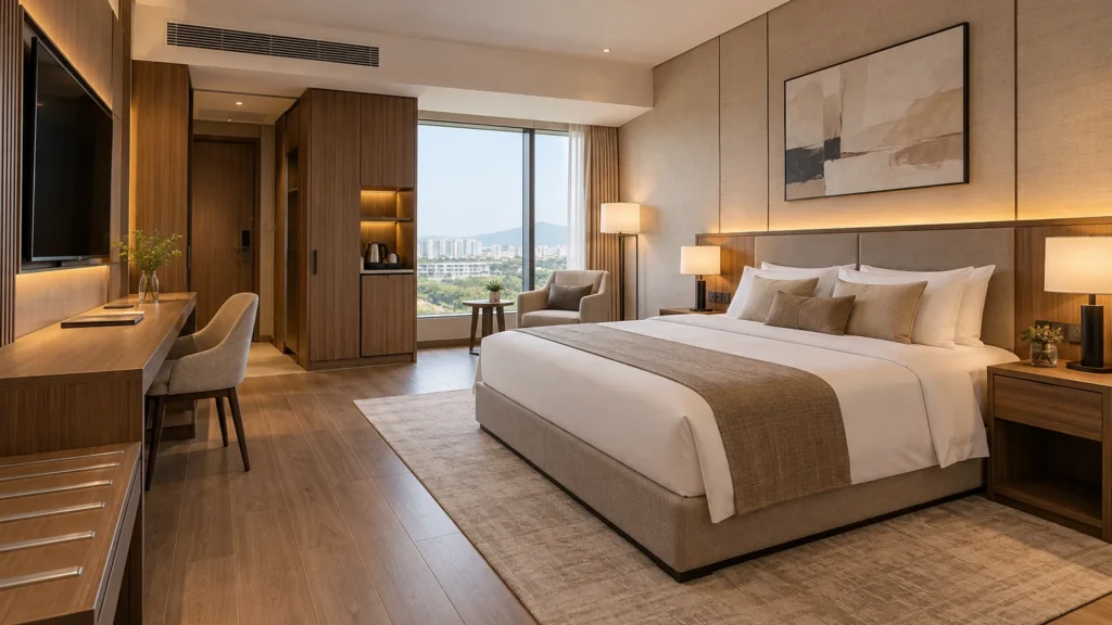 Hotel casegoods manufacturer supplying coordinated wardrobe, desk and bedside furniture for a modern guestroom
