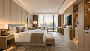Custom hotel guest room furniture by hotel FF&E supplier featuring wardrobes, desks, cabinets and wood panel furniture