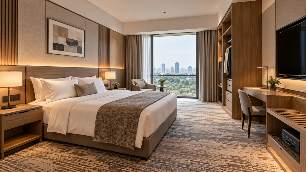 Hotel guest room furniture manufacturer supplying custom wardrobes, bedside cabinets, writing desks and coordinated panel furniture for hospitality projects