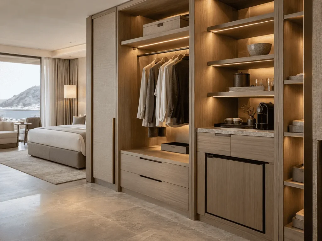 Custom hotel wardrobe with open shelving drawers minibar cabinet and integrated panel furniture storage