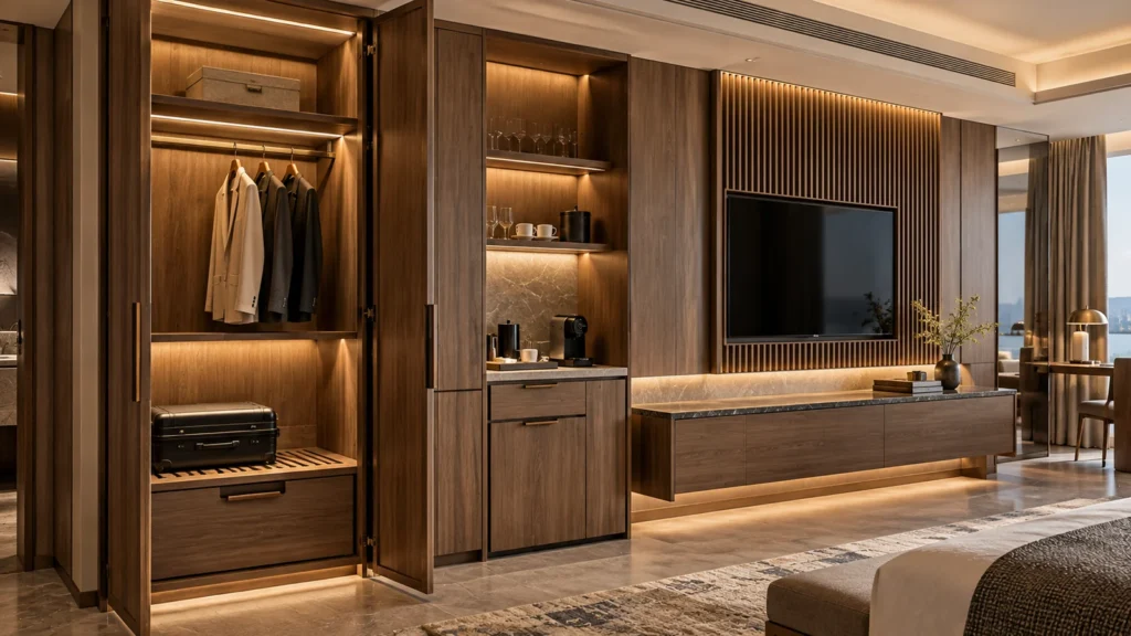 Custom luxury hotel wardrobe with integrated minibar cabinet, TV media wall and wood panel storage furniture