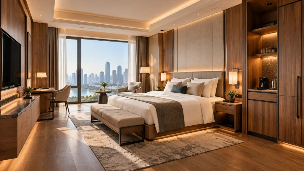 Luxury hotel furniture manufacturer supplying custom guestroom wardrobes, bedside cabinets, TV units and storage furniture