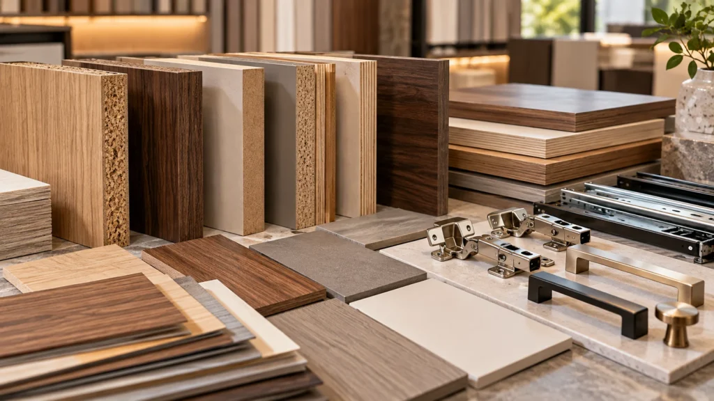 MDF plywood melamine panels, decorative wood finishes and premium cabinet hardware for luxury hotel furniture