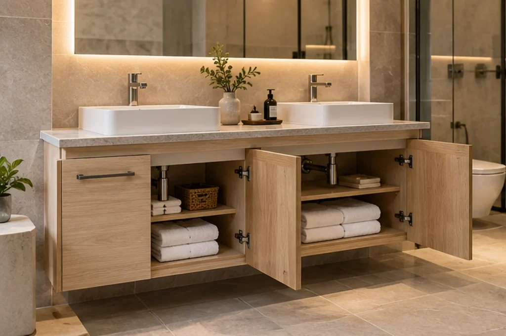 Marine plywood bathroom cabinet with custom drawers and storage for hotel and apartment projects