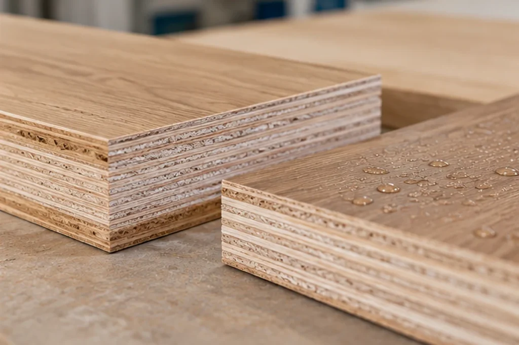 Marine plywood bathroom vanity panels showing layered plywood core and moisture-resistant decorative surfaces