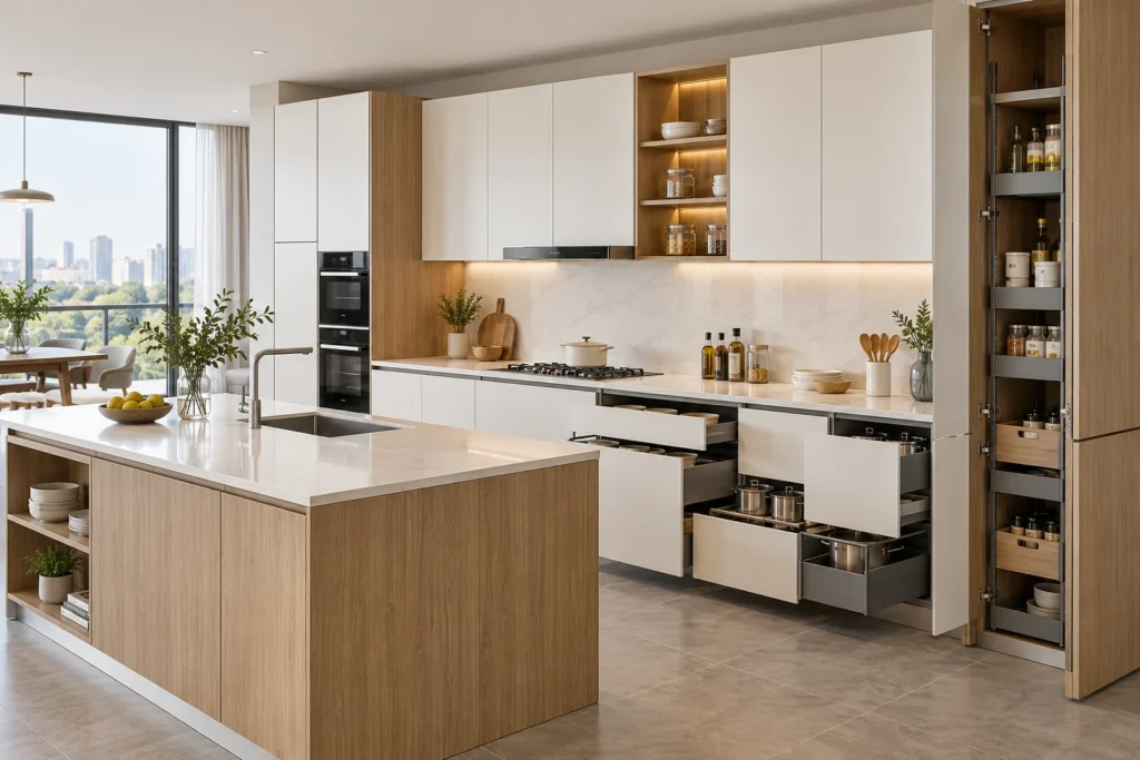 Modular kitchen furniture with customizable cabinet and storage configurations for distributors