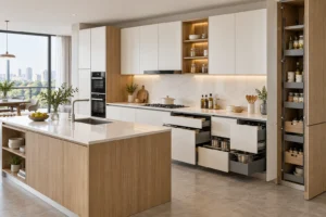 Modular kitchen furniture with customizable cabinet and storage configurations for distributors