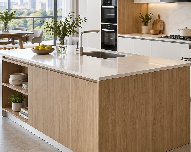 Modular kitchen island and cabinet configuration for residential projects