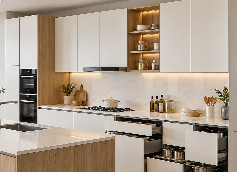 Modular kitchen wall and base cabinet system for wholesale furniture buyers