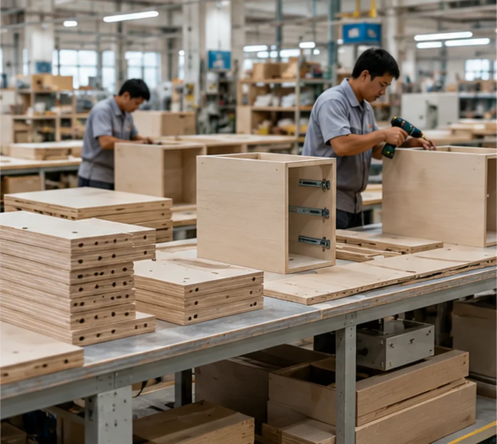OEM bathroom cabinet factory assembly with engineered panel components and hardware installation