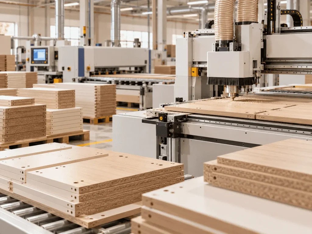 CNC woodworking machine processing engineered wood panels for OEM dressing table manufacturing