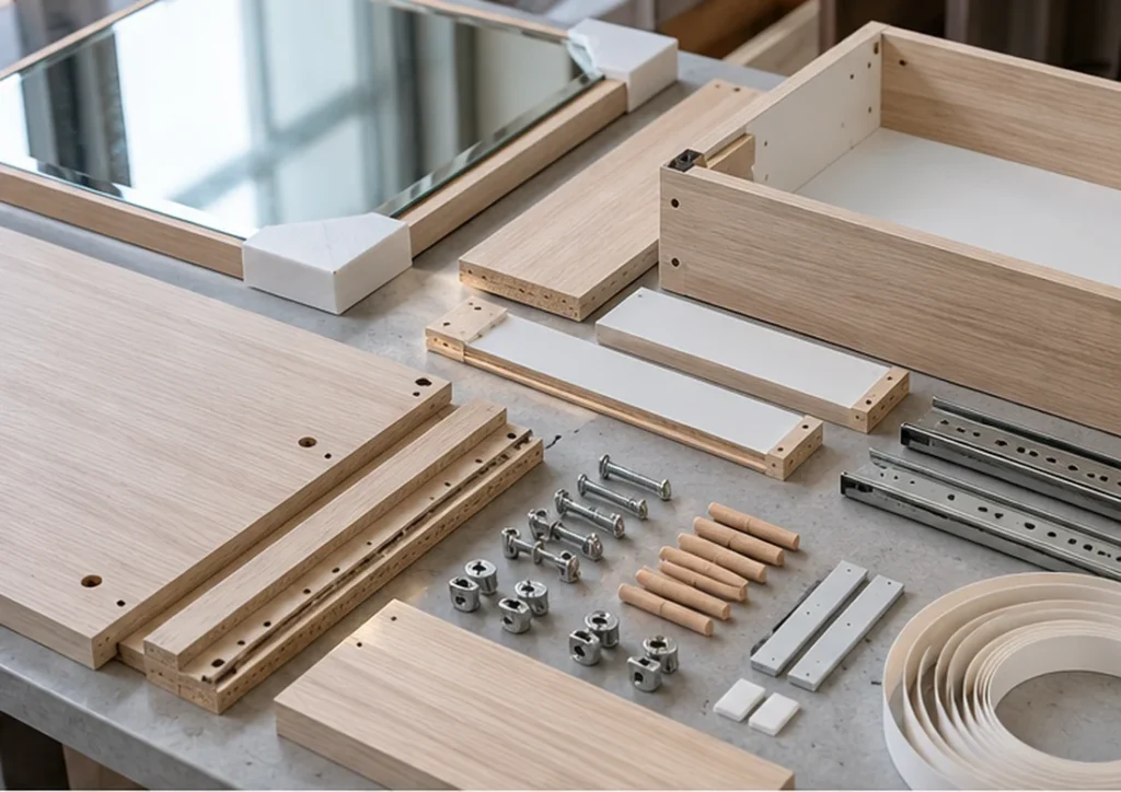 Flat pack dressing table engineered wood panels with cam lock fittings drawer slides and KD assembly hardware