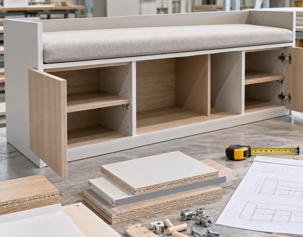 OEM engineered panel storage bench with integrated seating cabinet compartments and structural connection details