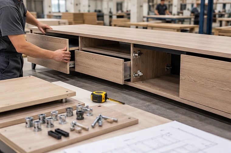 OEM TV stand cabinet assembly and hardware inspection in panel furniture production