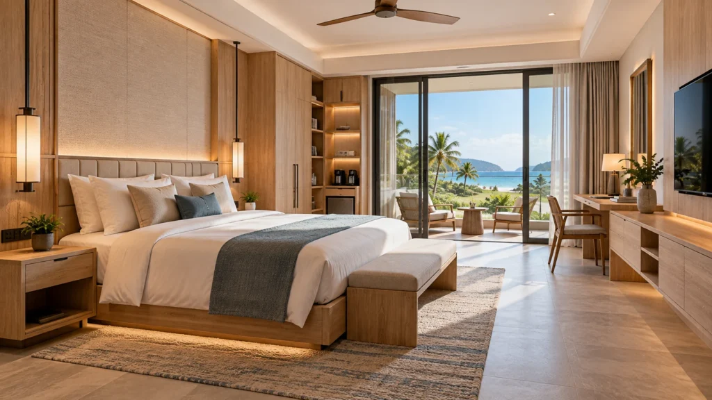 Resort furniture manufacturer supplying custom guestroom wardrobes, bedside cabinets, TV units and panel furniture