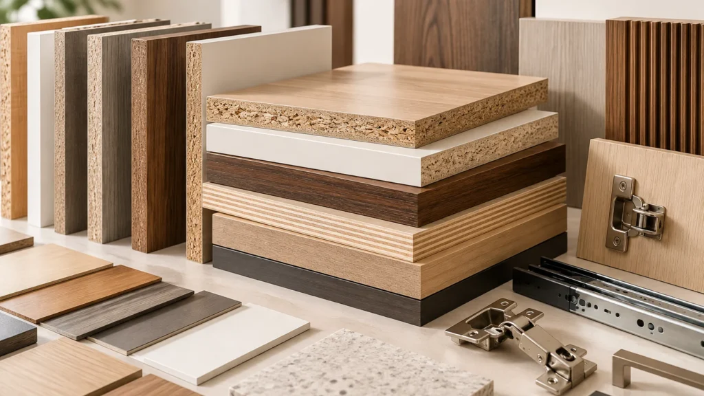 MFC MDF plywood panel materials, decorative finishes and cabinet hardware for custom resort furniture