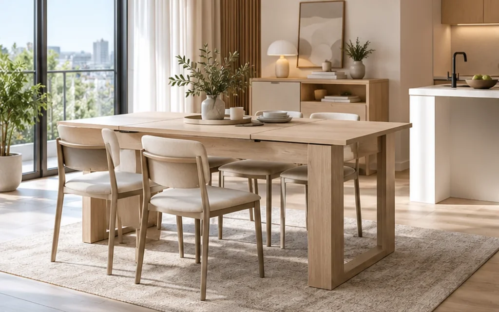 Space saving dining furniture with extendable dining table and chairs for compact apartment interiors
