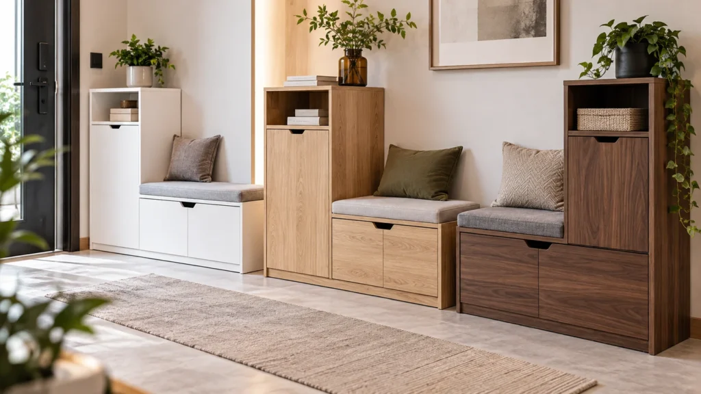 Storage cabinets with built-in seating for small rooms in white oak-look and walnut-look engineered panel finishes